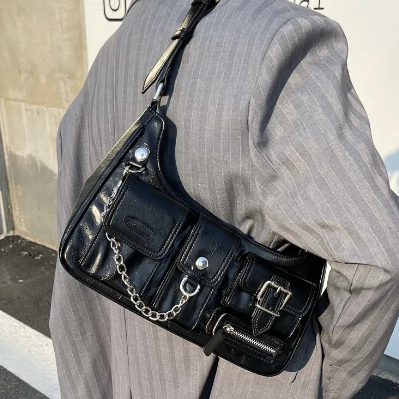 Evening Bags Y2k Cool Girls Fashion Shoulder Bags Black Gothic Women's Pocket Zipper Handbags Retro Motor Design Female Chain Underarm Bag 230803