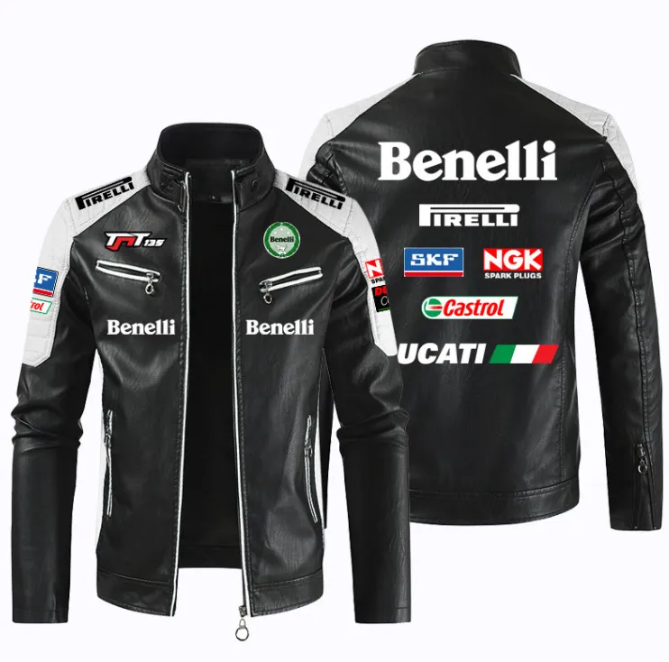 Erkek Ceket Benelli Araba Motosiklet Pu Deri Deri Ceket Patchwork Biker Sıradan Fermuar Kat Erkek Motosiklet Dış Giyim 230802