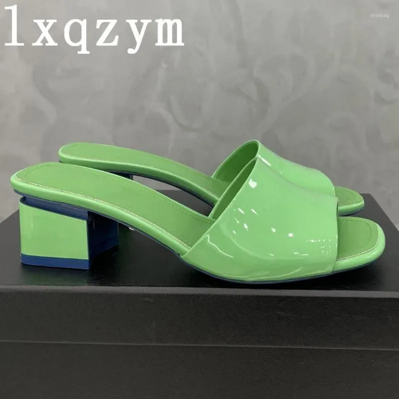 Tofflor Fashion Green Jelly Women Sexy Peep Toe Sandaler Square Heels Shoes For äkta läder Zapatos Mujer handgjorda