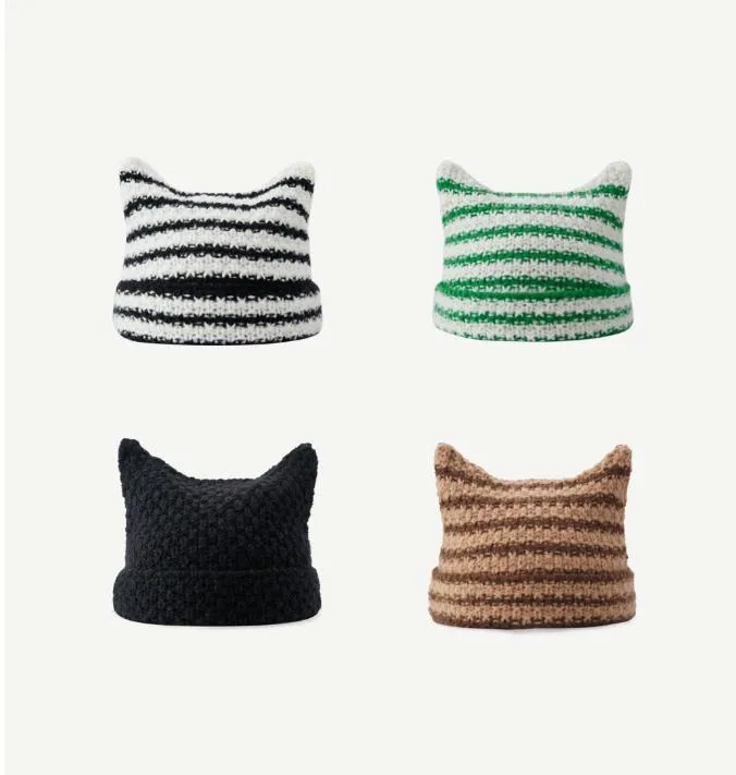 Berets gorro pequeno listrado chapéu de malha feminino outono inverno bonito orelhas de gato boné df264