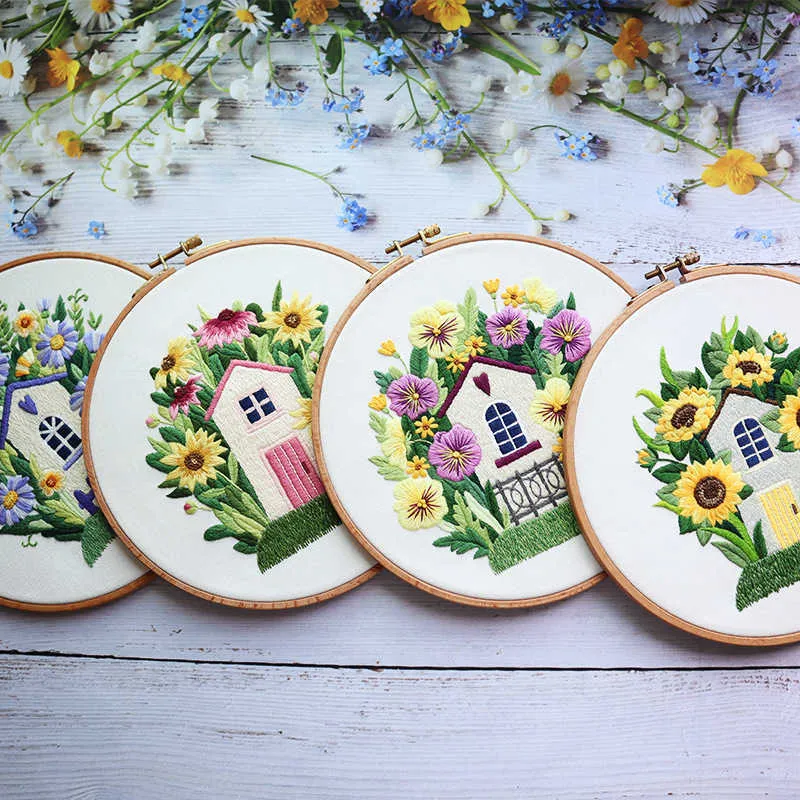 Kinesiska stilprodukter DIY -broderier för nybörjare Flower House -mönster Tryckt handarbete Cross Stitch set Sewing Art Craft Målning Partihandel