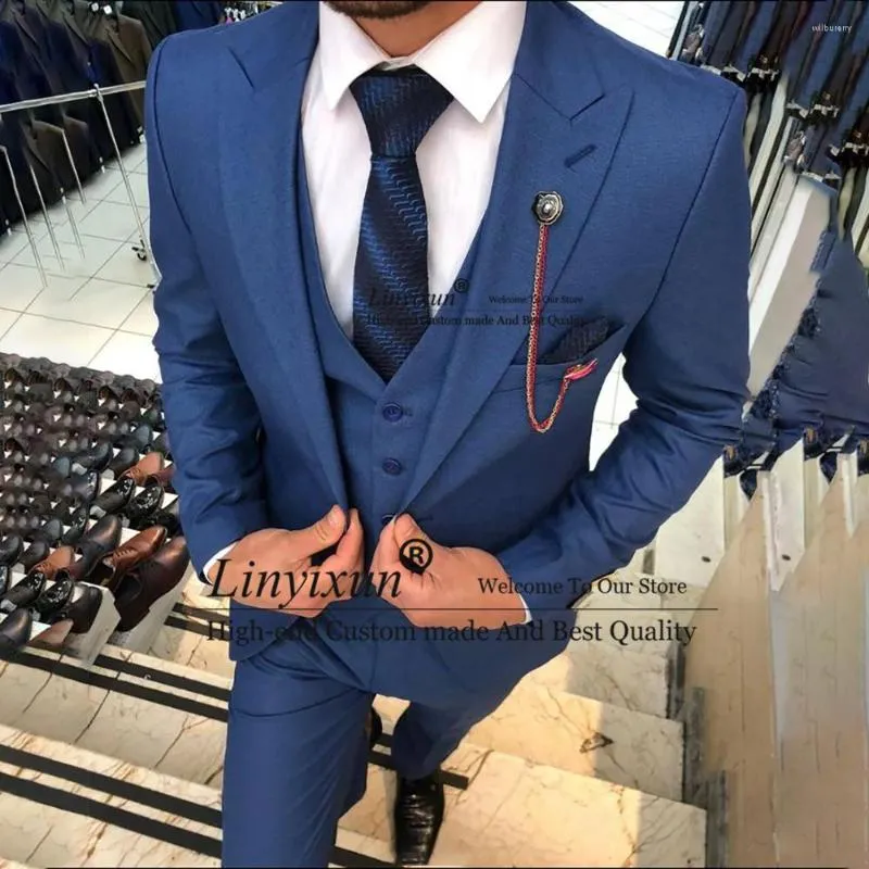 Мужские костюмы Royal Blue Daily Mens 3 Piece Set Formal Business Blazer Slim Fit Свадебный жених смокинг -тройка