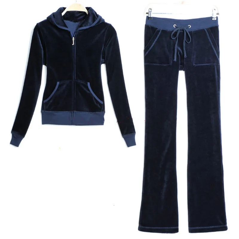 Womens Two Piece Pants Brand Velvet Womens Fabric Tracksuits Velor Suit Track Hoodies och Black S XXXL 230803