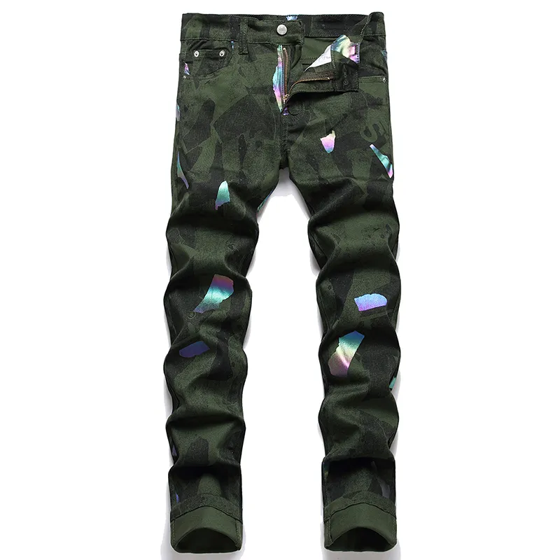 Grüne Slim-Print-Jeans für Herren, Sommer-Street-Röhrenhose, lässige Baumwoll-Denim-Hose