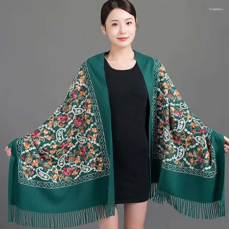 Scarves Embroider Flower Cashmere Pashmina Women Thicken Warm Winter Scarf Tassel Shawls Elegant Lady Cape Wraps Soft Blanket