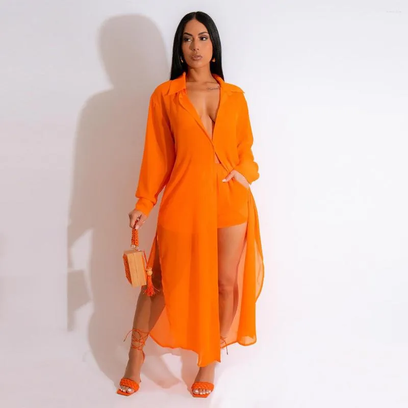 Women's Tracksuits Chiffon Set Long Sleeve Split Side Maxi Shirt Dress And Shorts 2023 Two 2 Piece Outfit Tracksuit