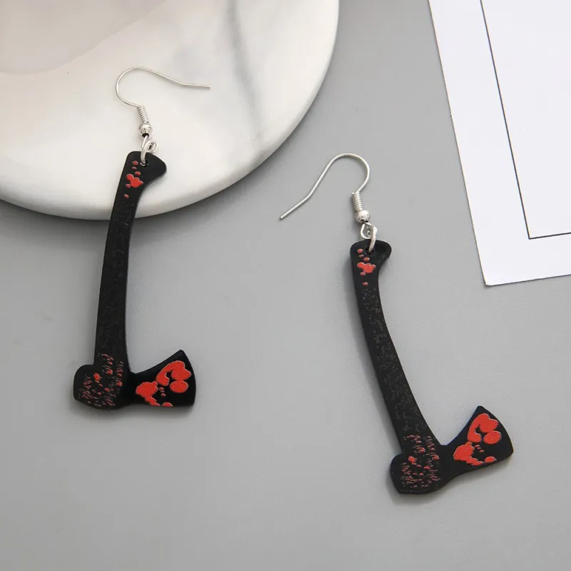 Nouveaux ciseaux personnalisés européens et américains, pendentif poignard, boucles d'oreilles en plaque, boucles d'oreilles en acrylique avec impression de taches de sang d'Halloween