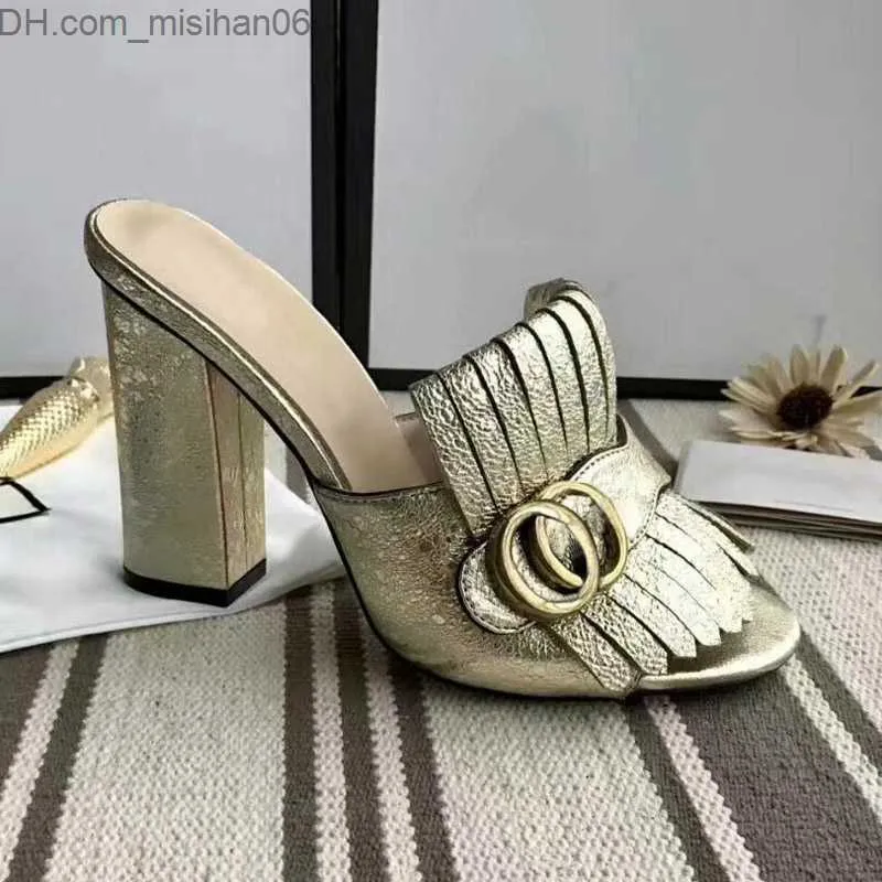 Sandaler Ny ankomst fransar Tassel Gladiator Sandaler Kvinna Öppen tå Chunky High Heel Shoes Women Brand Design Muller Shoes Size35-40 Z230803