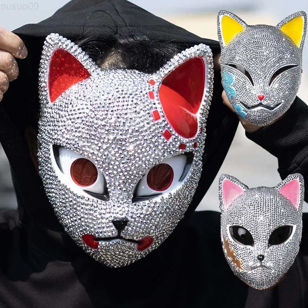 Party Masks Anime Demon Slayer Handmade Rhinestone Mask Cosplay Kimetsu no Yaiba Sabito Makomo Fox Masks Halloween Party Costume Props L230803