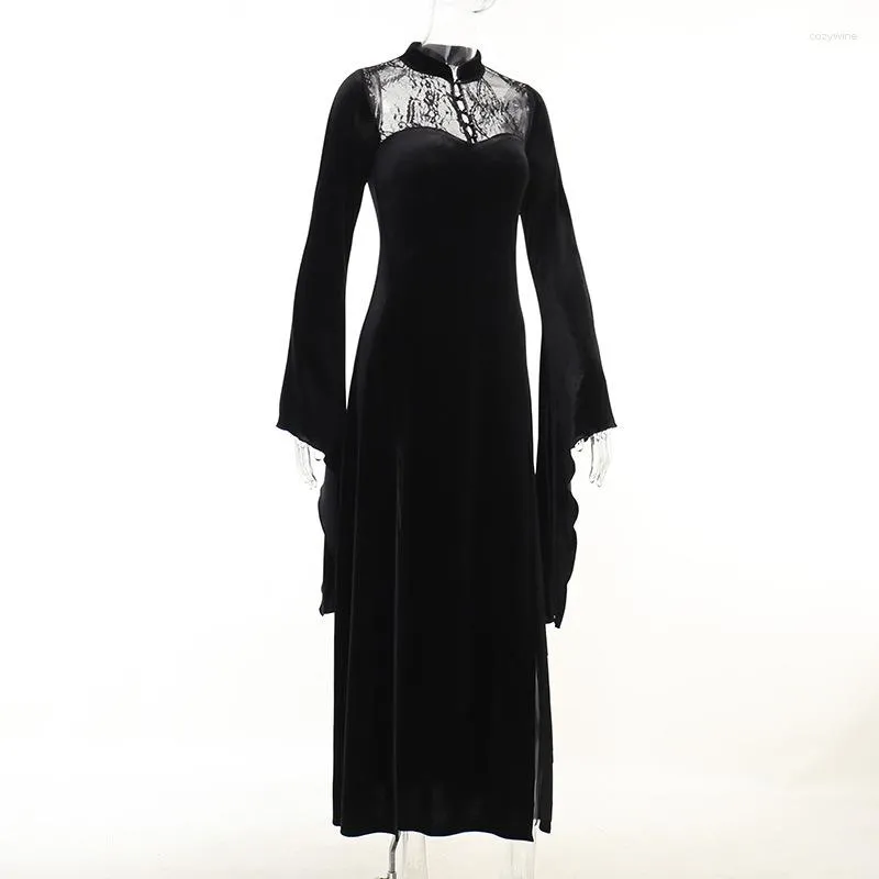 Casual Dresses Gothic Punk Velvet Dress Long Black High Slits Flare Sleeve  Victorian Goth Clothes Women Vintage Witch Dark