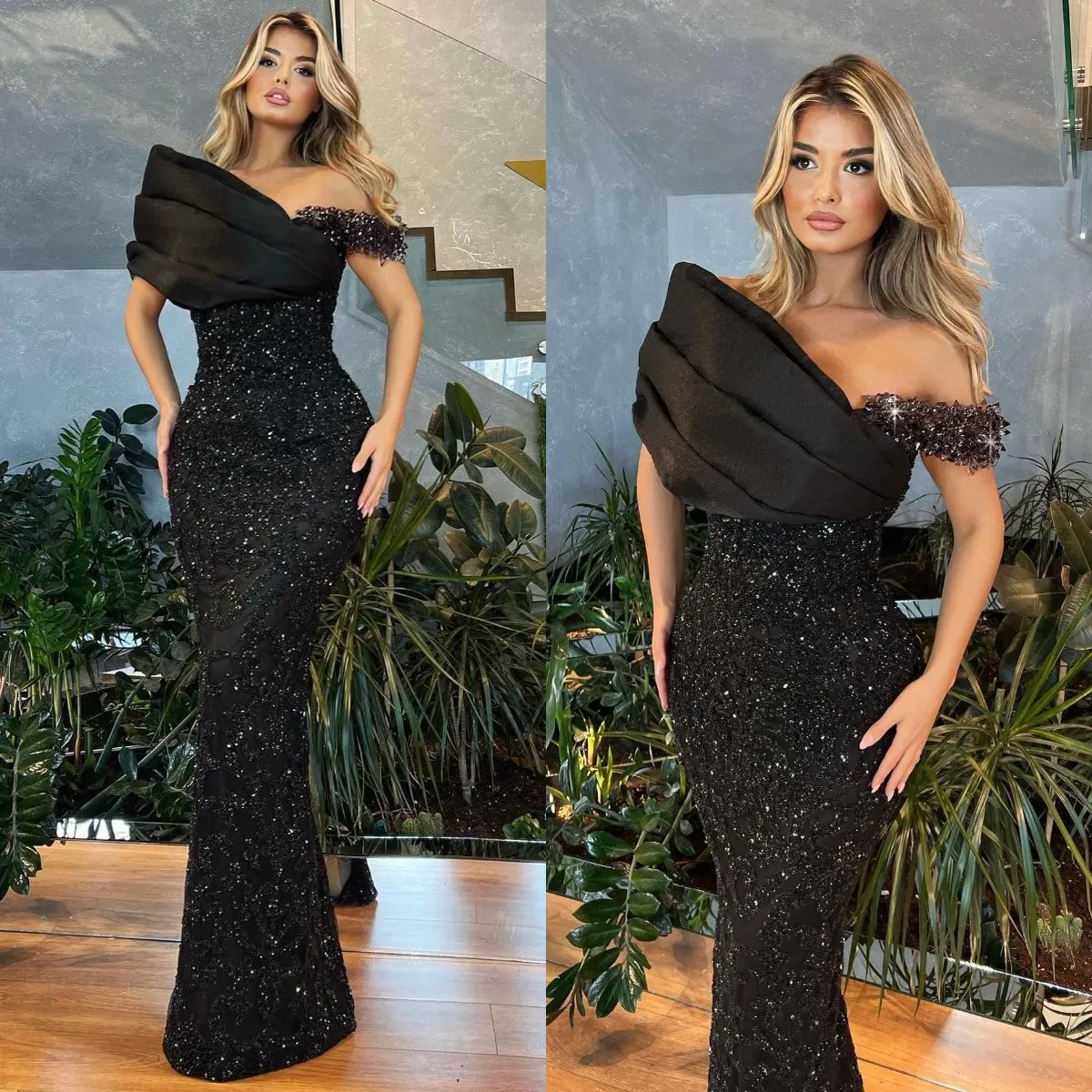Elegant Black Mermaid Evening Sequins Off épaule Forme Form Form Prom Robe Pleas Robes pour Special OCN