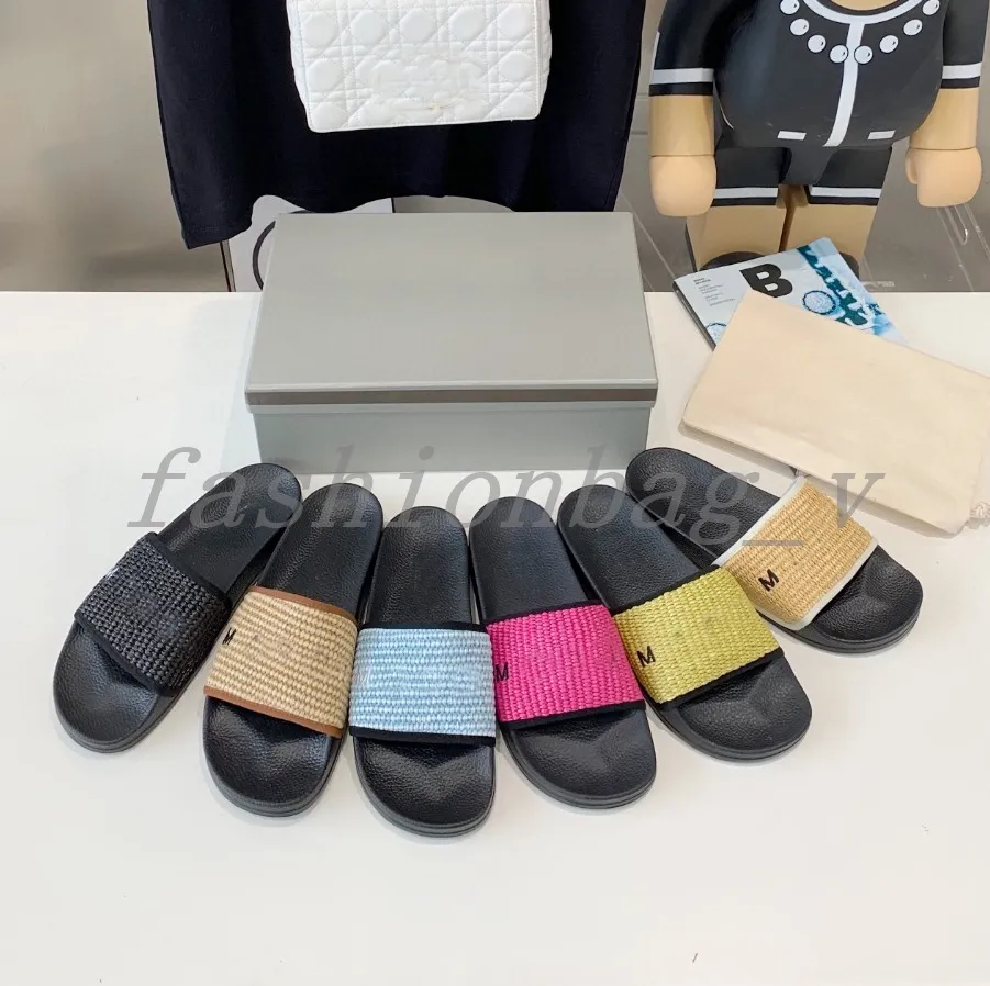 Designer kvinnor platt tofflor halmlägenheter polära fleece platt skor stickad broderi bildfärg block tryck skor tå flip flops