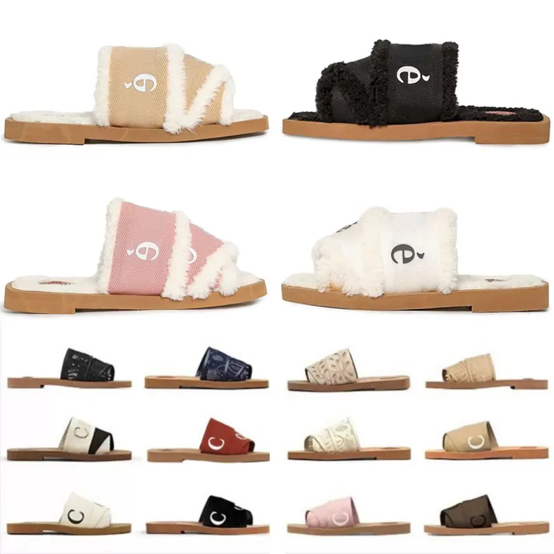 Designer womens slippers fluffy flat mule slides beige white black pink lace lettering canvas fuzzy fur Summer winter home shoes women famous sandles