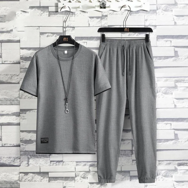 Men's Tracksuits Summer Set Linen Fabric Outfit Breathable T-Shirt And Sweatpants Two Piece Mens Casual Sports Suit Fashion Sweatsuit