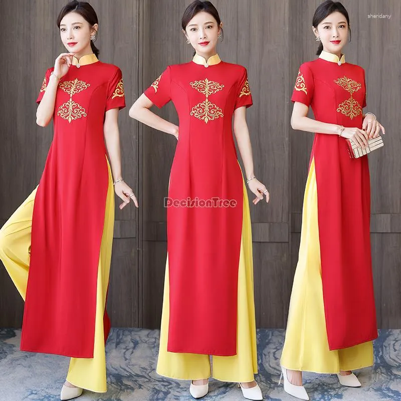 Roupas étnicas 2023 Estilo Folclórico Chinês Vestido Aodai Vietnam Chiffon Conjunto de Calças Femininas Senhora Elegante Cheongsam Party