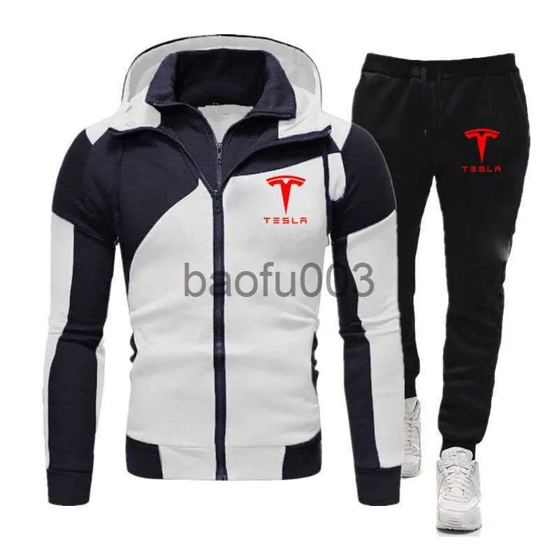 Chándales de los hombres Tesla Impreso Hombres Otoño Invierno Chándal Sudaderas con capucha + Pantalones Conjuntos Fleece Chaqueta informal Ropa deportiva Abrigos Ropa de calle Trajes de abrigo J230803