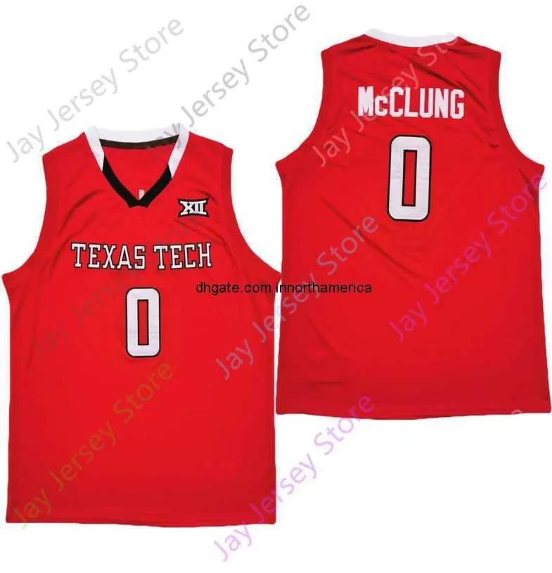 2021 새로운 NCAA Texas Tech Jerseys 0 Mac McClung College 농구 저지 레드 사이즈 청소년 성인 All Stitched Ember