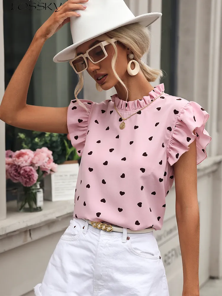 Damesblouses Overhemden Mode Chiffon Print Damesoverhemd Casual Ruche Korte mouw Top Roze Chique Damesblouse en overhemden Elegante blouses Zomer 230802