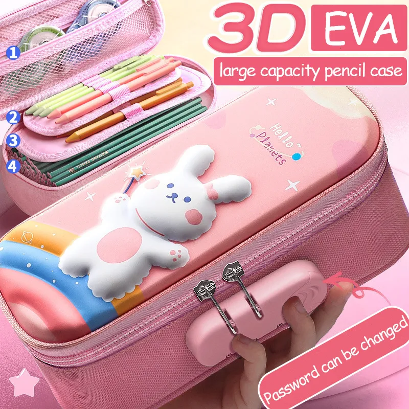 Сумки для карандашей 3D Case с заблокированным паролем Kawaii большой емкость EVA Cartoon Waterpocte Cover School Sucte Supply Satchery Gift 230802