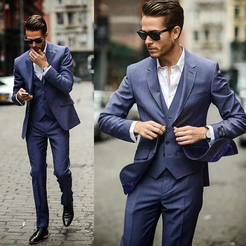 Ternos Masculinos Blazer Masculino Casamento Slim FIt Azul Único Peito Lapela Jaqueta Calças Colete Traje de Três Peças Hombre Terno Elegante