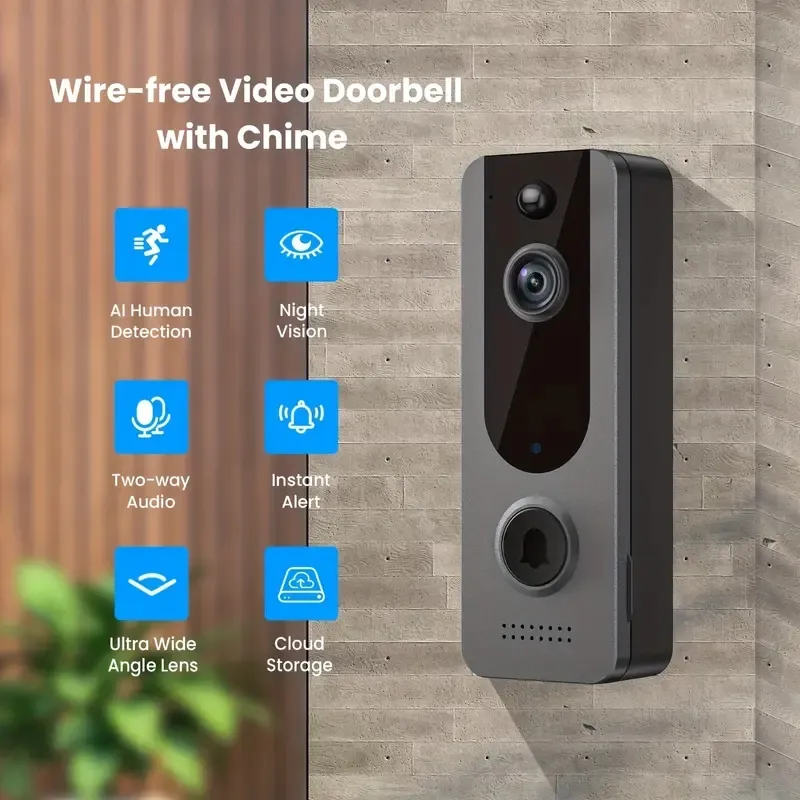 Videocamera per campanello wireless intelligente con rilevamento di persone e movimenti, video HD, audio a 2 vie, visione notturna a colori, archiviazione nel cloud, Wi-Fi 2.4G e alimentazione a batteria