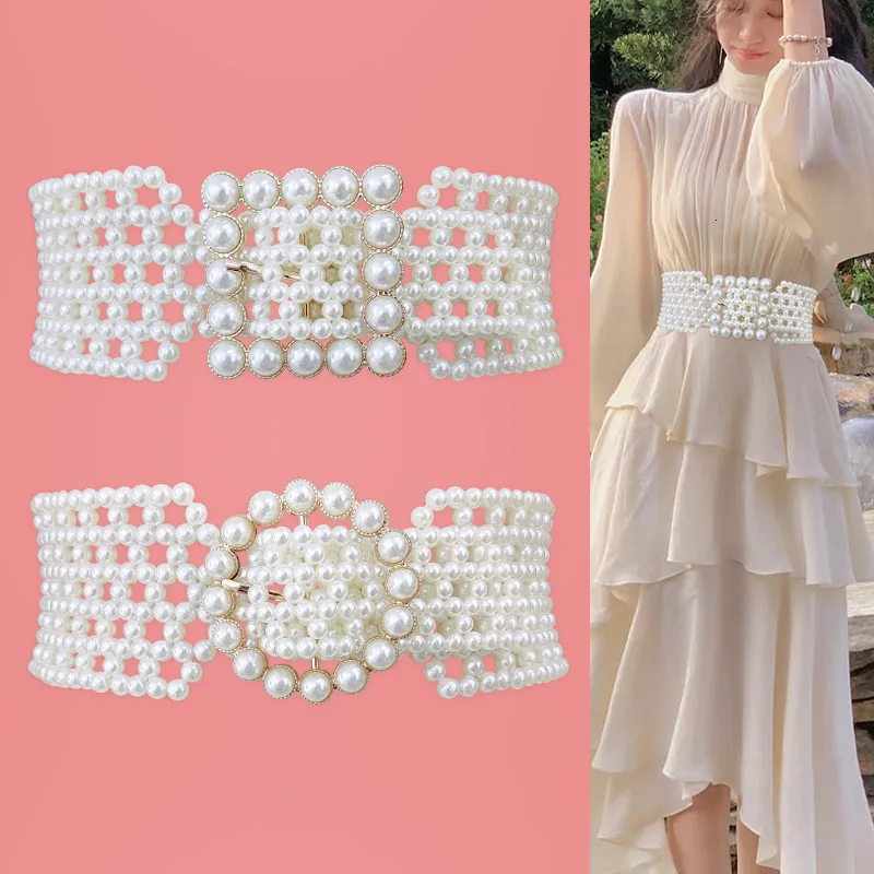 Andra modetillbehör Kvinnor Runway Pearl Streatch Cummerbunds Kvinnlig midja Big Dress Midjeband Elastiska bälten för Women Wide Corset Belt 230802