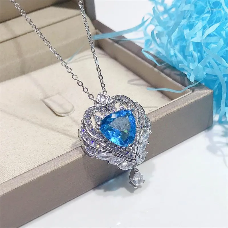 Pendentifs KOFSAC Creative Bleu Cristal Zircon Ange Coeur Aile Pendentif Bijoux 925 Colliers En Argent Sterling Pour Les Femmes Accessoires De Mariage