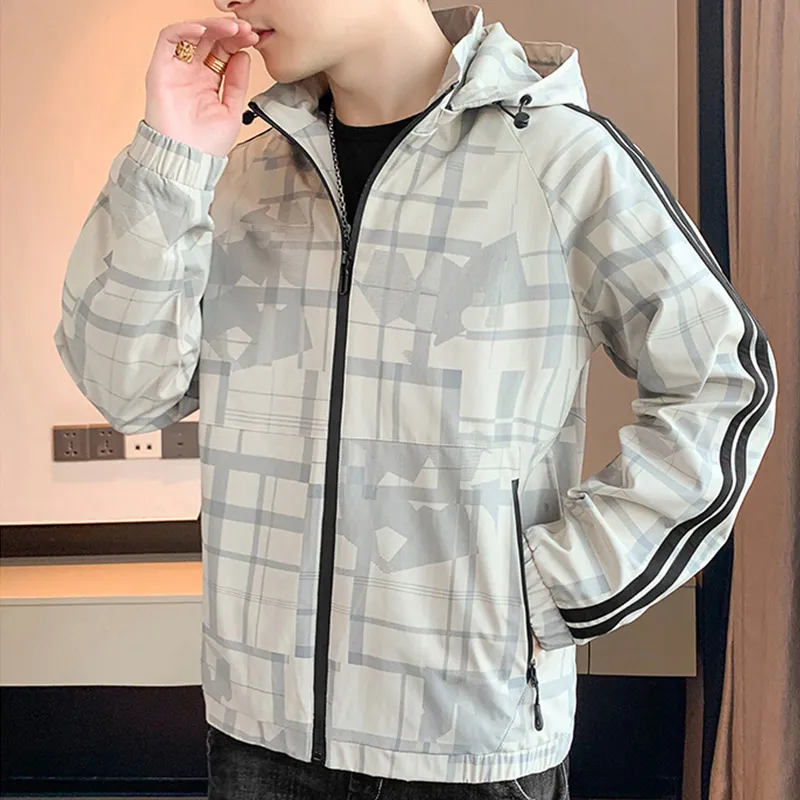 Herrenjacken Mode Herren Plaid Kapuze Streetwear 2023 Frühling Herbst Lässige abnehmbare Kapuze Mäntel Streifen Windjacke Erwachsene Top Kleidung 230802