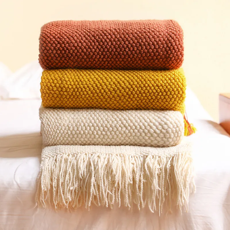 Cobertores Têxteis Cidade Decorativos para Casa Cobertor de Tricô Espessado Grão de Milho Waffle Em Relevo Inverno Borlas Quentes Colcha Colcha 130x240cm 230802