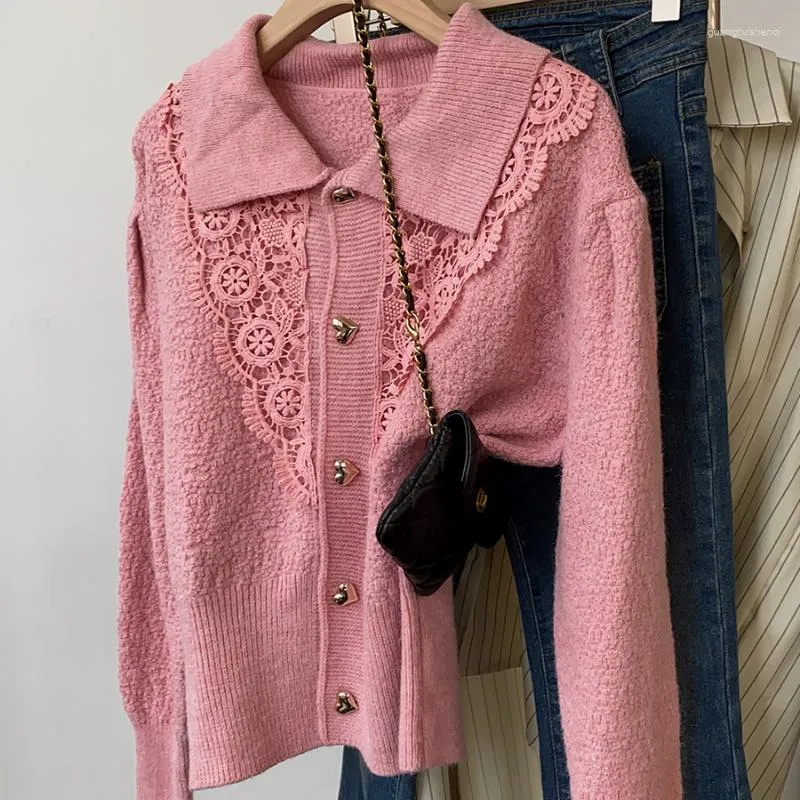 Women's Knits Bugilaku Lace Patchwork Vintage Cardigans Women Turn Down Collar Long Sleeve Knitted Sweaters Female Solid Color Casual
