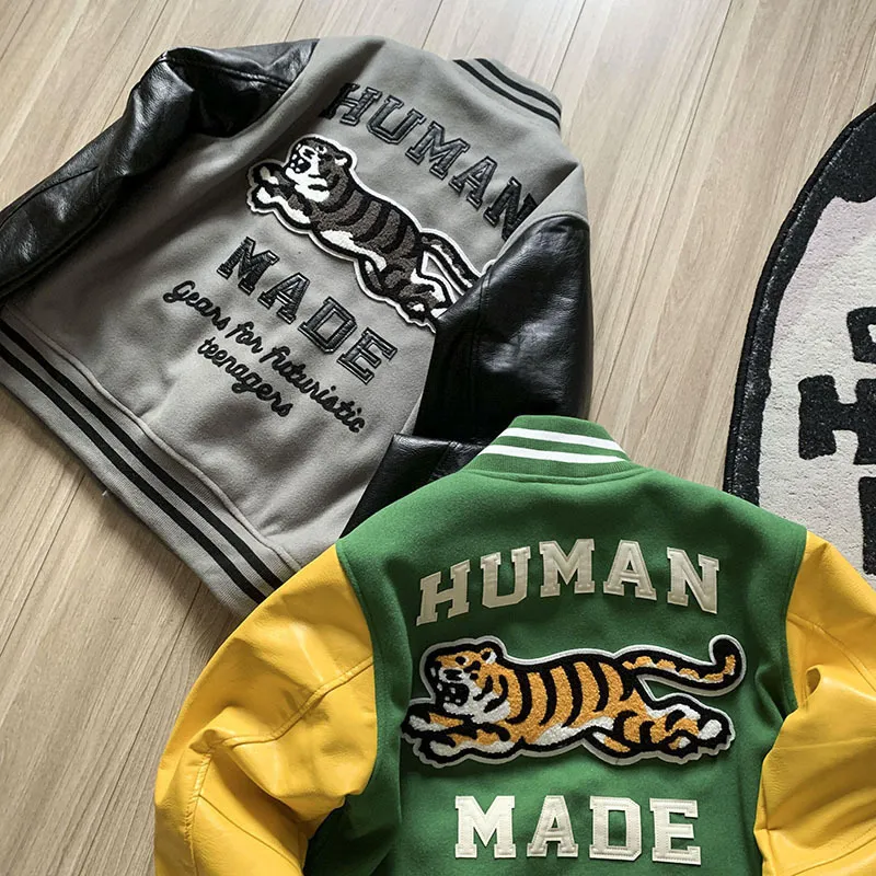 Men's Jackets SS Thick Oversized HUMAN MADE Jackets Men Women Contrast Leather Sleeve Tiger Embroidery Baseball Uniform Jacket 230802