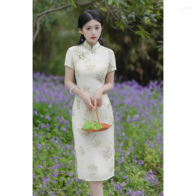 Roupas étnicas chinesas nacionais de linho cheongsam vestido de manga curta vintage feminino estampa floral qipao