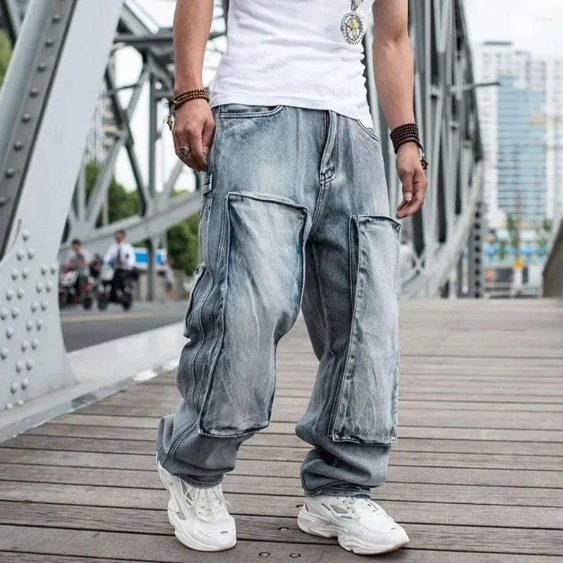 Jeans Masculino Calça de Skate Masculina Plus Size Bolso Solto Calças Hip Hop Denim Masculino Patchwork Streetwear Perna Larga Grande
