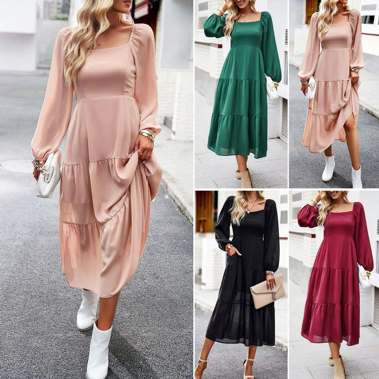 Diyun Reine Farbe Quadrat Kragen Kleid Für Frauen Herbst Winter Elegante Lange