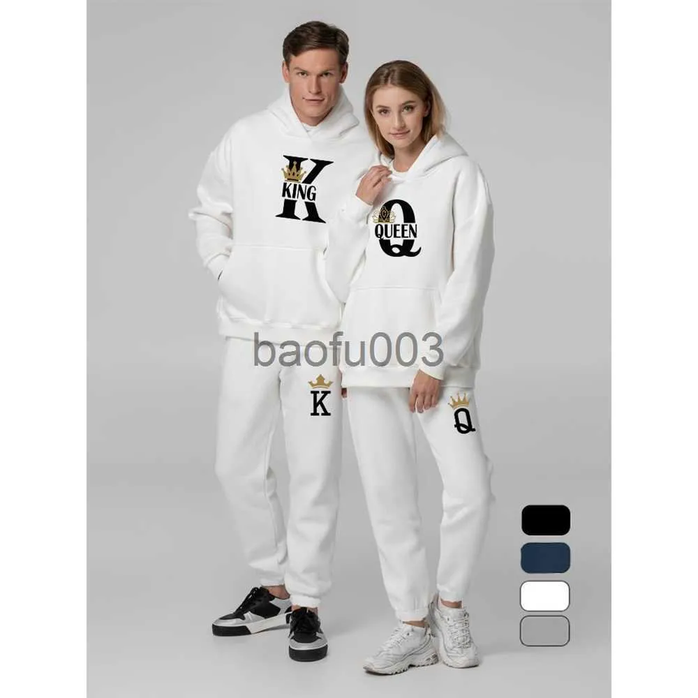 Couple Tracksuits KING QUEEN Print Hoodie Suits for Men Women 2 Piece Set Polyester Activewear Outfit Black Grey Navy Blue White 2024