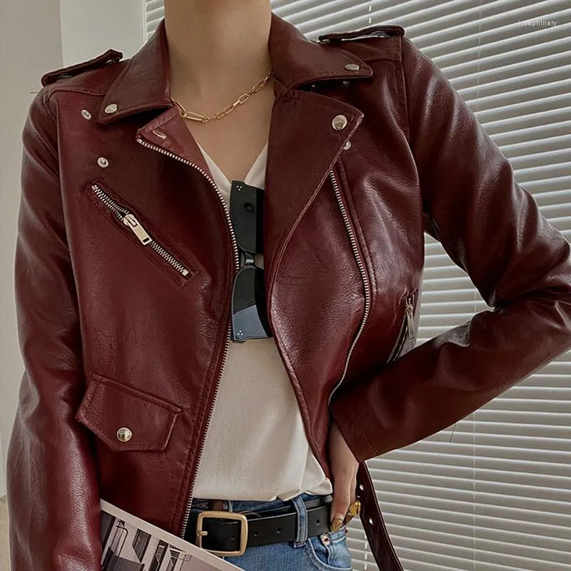 Giacca da donna in pelle coreana streetwear moda vino rosso corto in PU giacca da motociclista a maniche lunghe vintage sottile da donna primavera casual