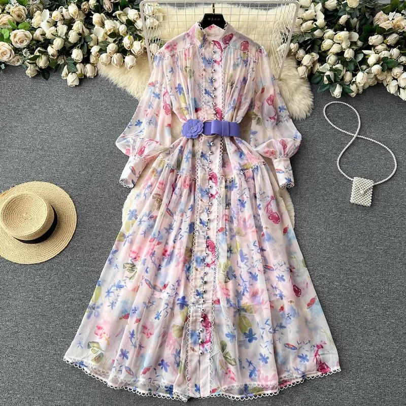 Casual jurken runway dames lange kleding kleding vrouwen chique lantaarn mouw bloem bedrukte modeontwerper chiffon vakanties maxi vestido