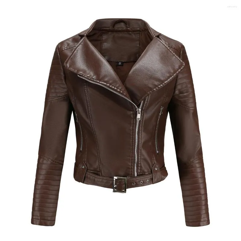 Women's Leather Moto Biker Zipper Jacket Spring Faux Jackets For Women 2023 Autumn Motorcycle Coat Outerwear Coffee Brown