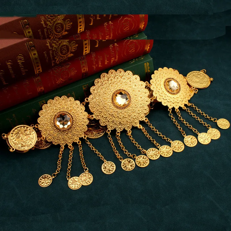 Correntes de barriga turco vestido de casamento curdo cinto banhado a ouro longo corrente étnica corpo jóias moeda árabe para mulheres 230802