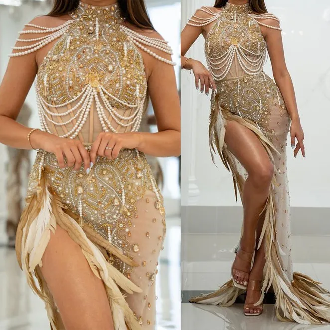 2023 April Aso Ebi Gold Mermaid Prom Dress Beaded Crystals Feather Evening Formal Party Second Reception Birthday Engagement Gowns Dress Robe De Soiree ZJ657