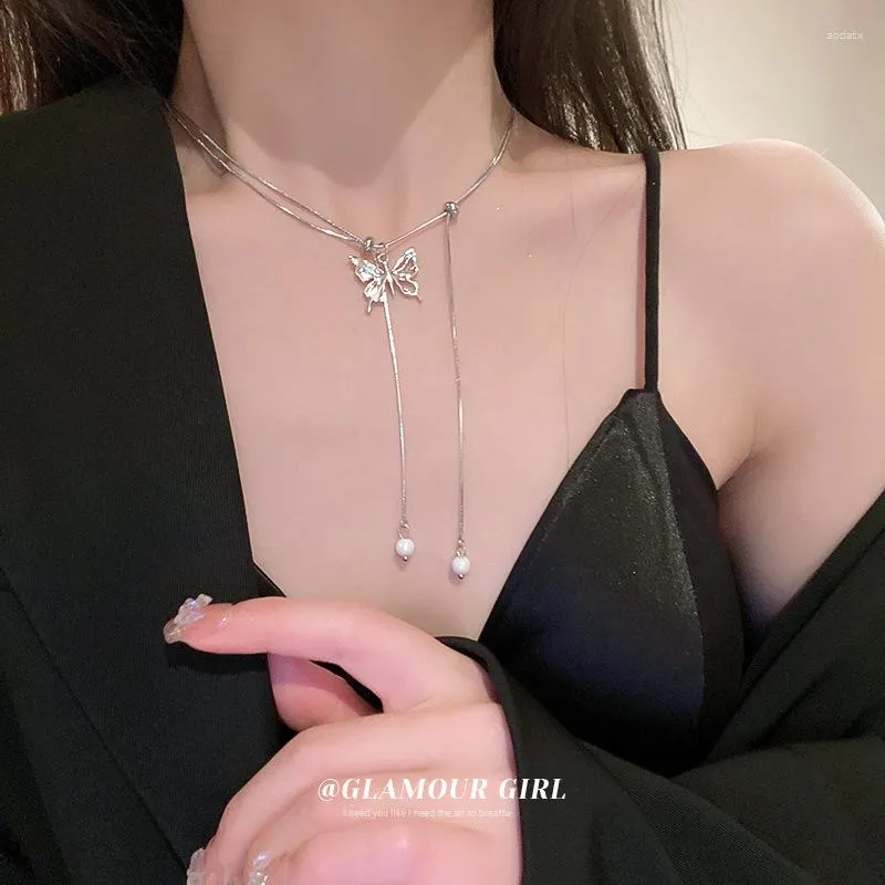 Kedjor Ropuhov 2023 Cold Wind Farterfly Collarbone Chain Pearl Fringe Pull-Up Fashion Delicate Zircon Lady's Metal Style Necklace