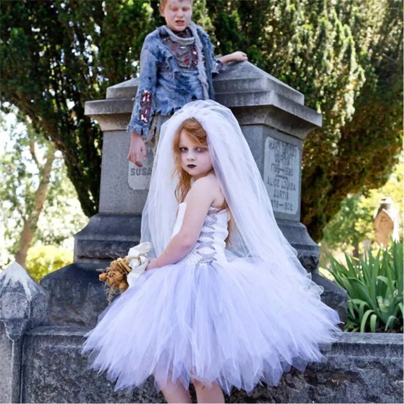 Vestidos para meninas Halloween Criança sem mangas Vestido sem alças contém acessórios para o cabelo Conjunto de maquiagem para noiva de 3 a 11 anos