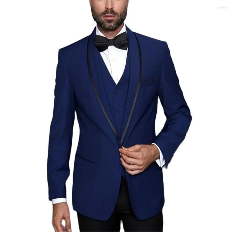 Men's Suits Terno For Wedding 2023 Men Blue Outfits Shawl Lapel Black Edge Collar Single Breasted Jacket Pants Vest Slim Fit Hombre