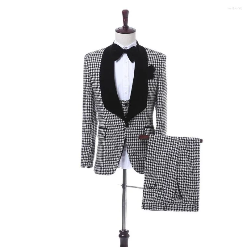 Costumes pour hommes pied de poule col châle hommes 3 pièces Slim Fit Costume robe de mariée marié Tuxedos bal manteau pantalon gilet cravate