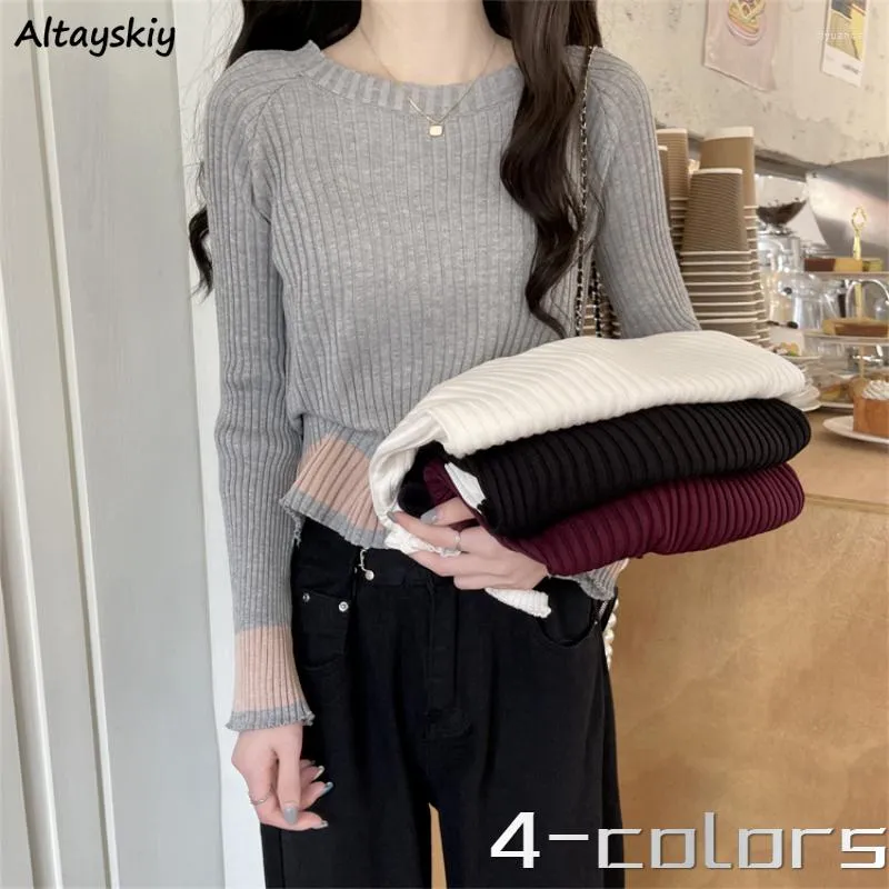 Dames Truien Patchwork Ontwerp Lange Mouwen Truien Vrouwen Herfst Gezellige Slanke Cropped Casual Pull Femme Eenvoudige Tender Office Dames Mode