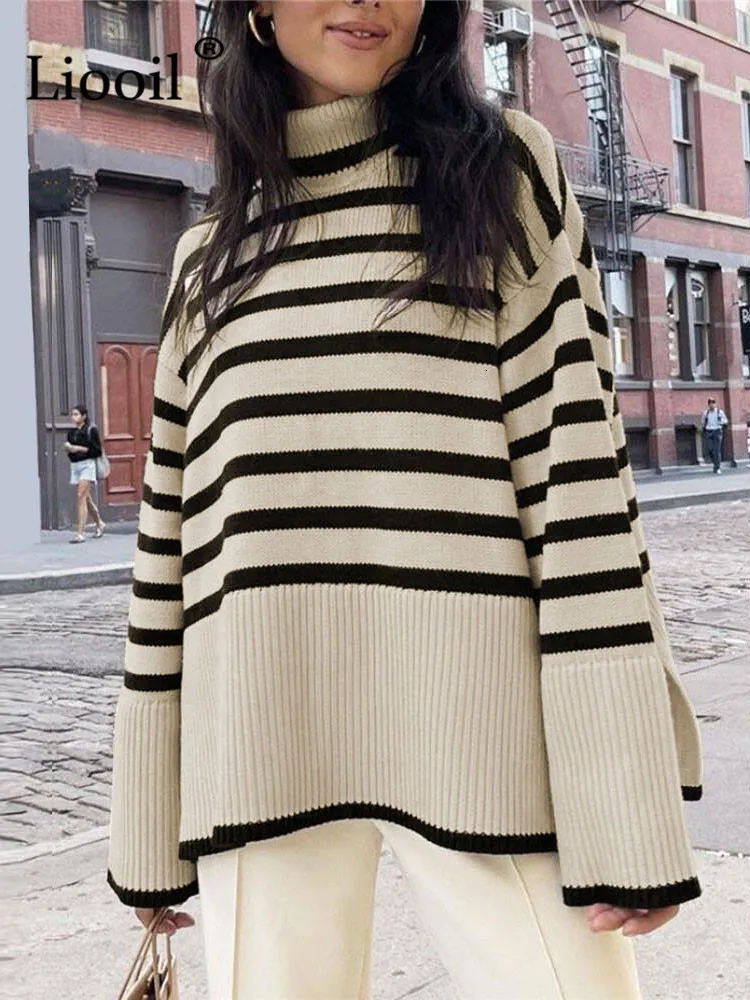 Women's Sweaters Black And White Stripe Sweater Streetwear Loose Tops Women Pullover Female Jumper Long Sleeve Turtleneck Knitted Ribbed Sweaters 230803