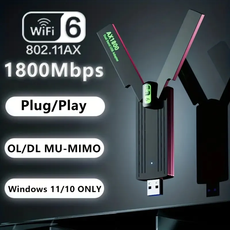 Hochgeschwindigkeits-USB-WiFi-6-Adapter für PC – Dualband 5 GHz/2,4 GHz mit zwei 5 dBi-Antennen – MU-MIMO-Wireless-Netzwerkadapter für Desktop/Laptop – kompatibel mit Windows 11/10