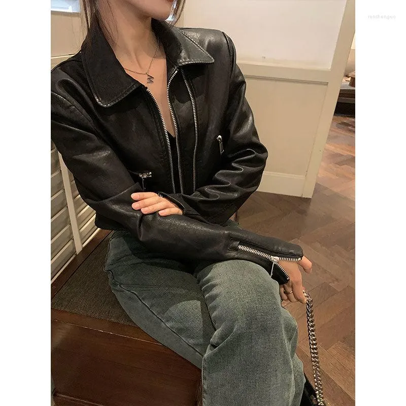 Femmes En Cuir Noir Faux PU Daim Veste Courte Manteau Tunique