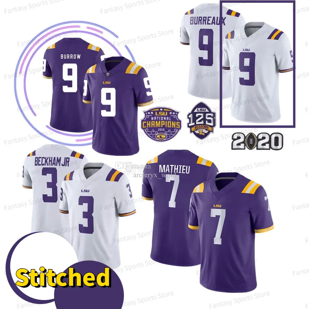 LSU Tigers Burreaux 9 Joe Burrow Jersey Justin Jefferson Odell Beckham Jr. Tryann Mathieu 7 Fournette Mens College Football Stitched Jerseys 125th