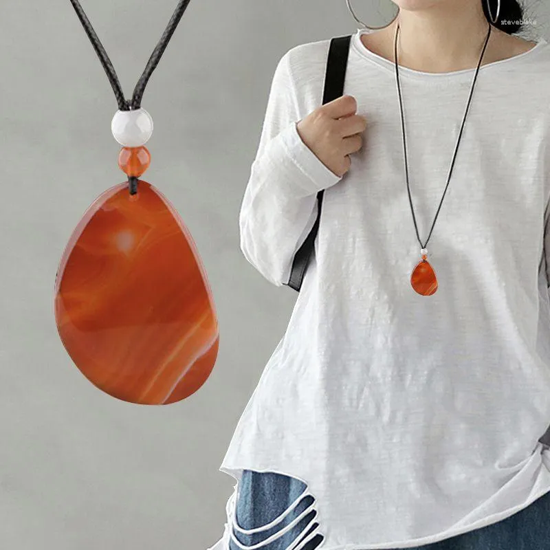 Pendant Necklaces Vintage Ethnic Agate Women Graceful Simple Joker Stone Rope Sweater Chain 2023 Elegant Jewelry On The Neck